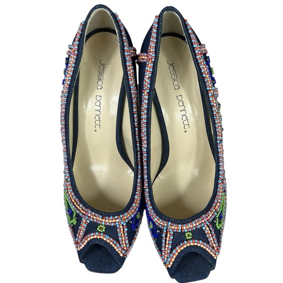 Jessica Bennett Jkirabu Beaded Denim Peep Toe Wedge Heels Beaded Wooden Platform - Picture 2 of 13